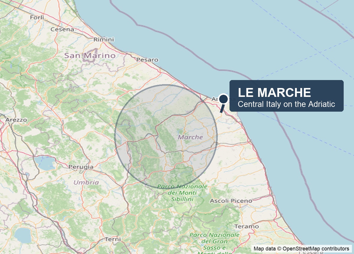 Map showing Le Marche on Italy's Adriatic coast